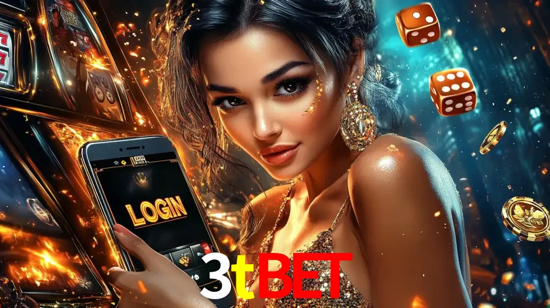 Mulher glamourosa segurando um celular com a tela de login do cassino 3tbet, rodeada por dados e moedas douradas, pronta para começar a diversão.