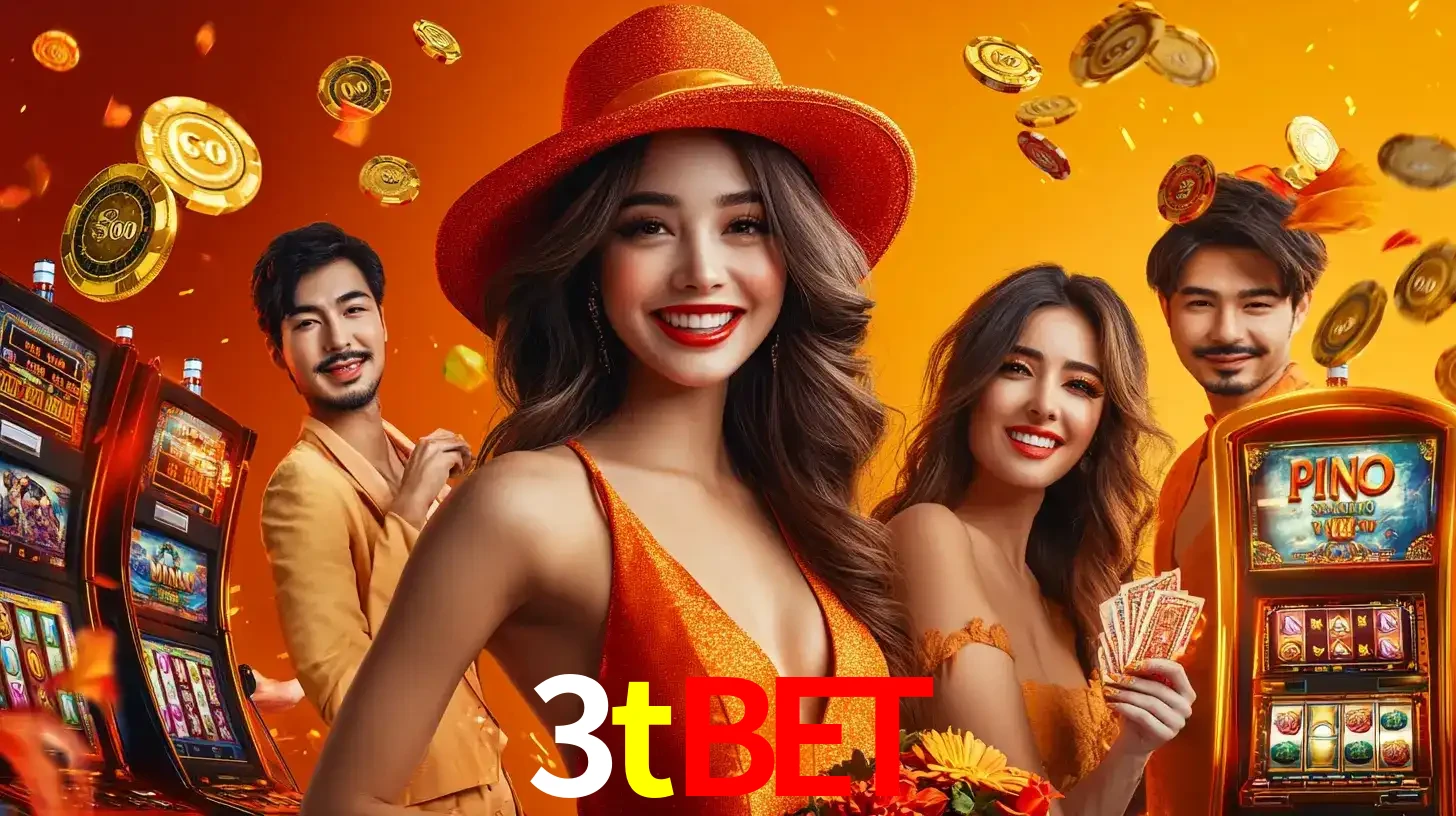 Grupo de amigos asiáticos sorrindo e se divertindo com máquinas de caça-níqueis em um ambiente festivo, celebrando suas vitórias nos jogos de cassino do 3tbet.