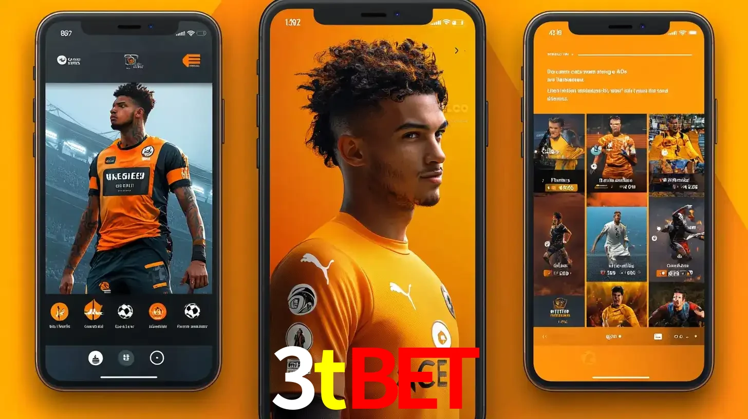 Interface do aplicativo de apostas esportivas 3tbet em três telas de celular, mostrando o perfil de um jogador de futebol e a lista de jogos disponíveis para apostar.