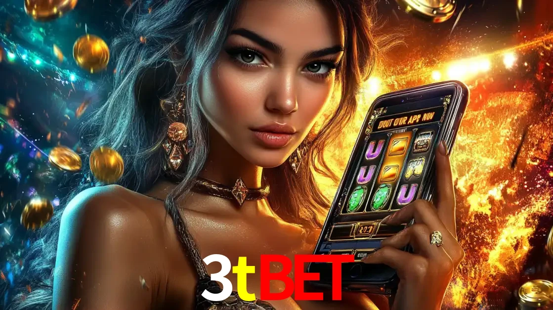 Mulher elegante mostrando um jogo de caça-níqueis em seu smartphone, destacando a experiência de cassino móvel oferecida pelo aplicativo 3tbet.